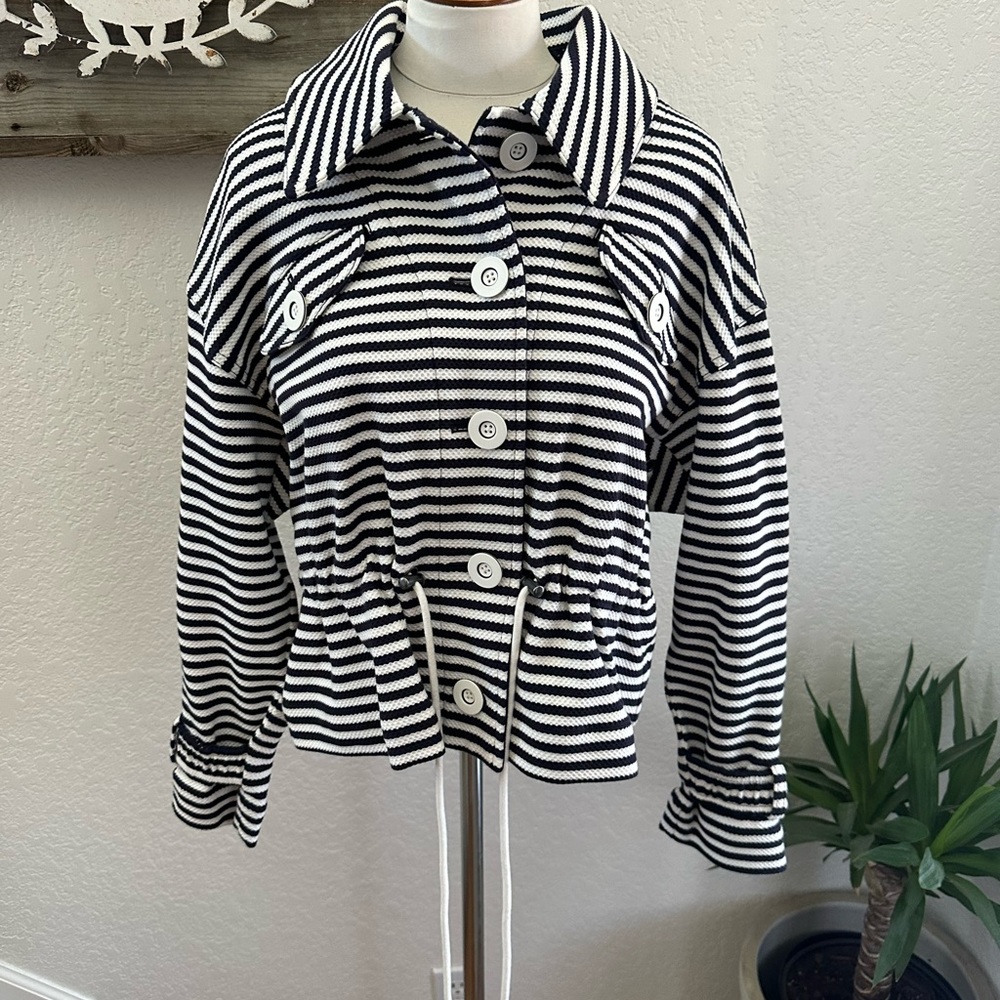 CAbi Women Medium Blue/White Nautical Striped Harbor Jacket Drawstring 5654 NWOT